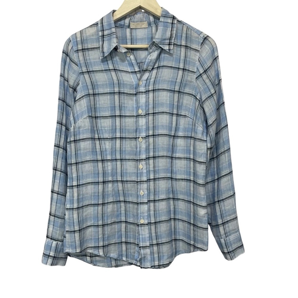 CP Shades Plaid Button Front Top 100% Linen Blue